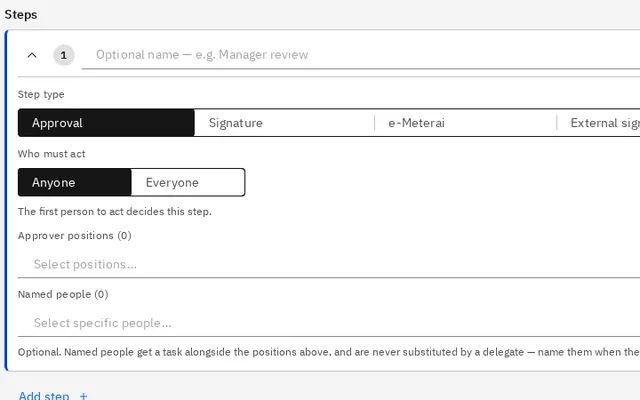 Obscura's workflow builder, where an approval step is assigned to the positions that must approve it.