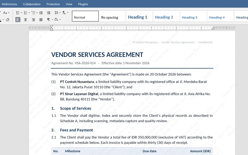 Obscura's document editor running in the browser, with a sample vendor services agreement open for editing.