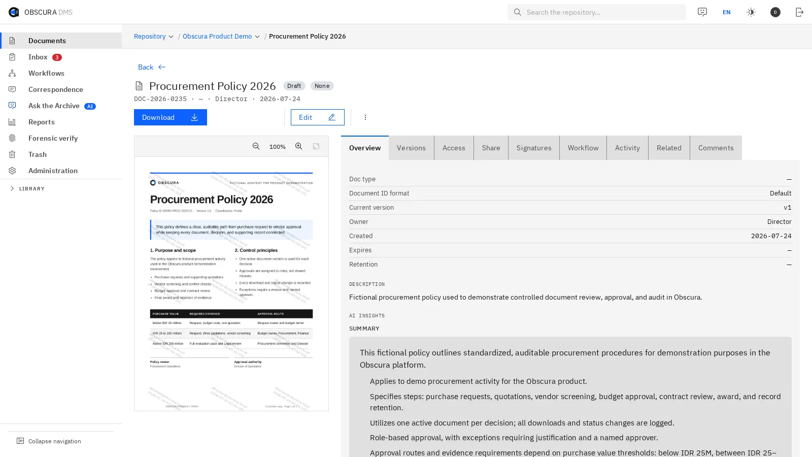 A sample procurement policy open in Obscura, with its status, versions, access, signatures, workflow and an AI summary beside it.