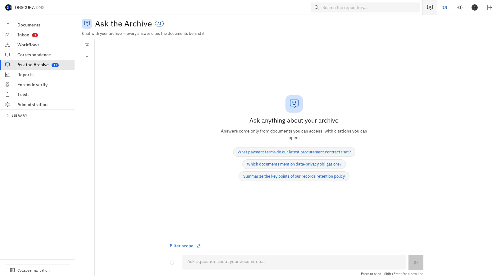 Ask the Archive in Obscura, which answers questions only from documents the user can access and cites the sources.