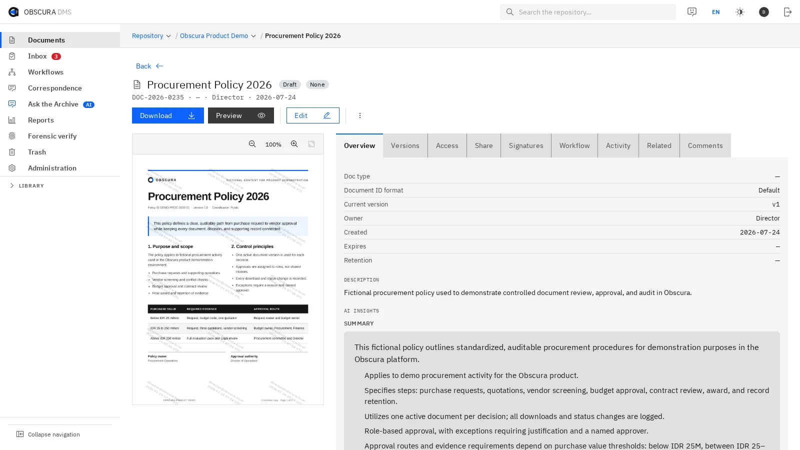 A sample procurement policy open in Obscura, with its status, versions, access, signatures, workflow and an AI summary beside it.